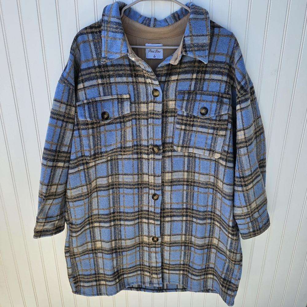 Petal Dew Long Blue/Tan Plaid Button-Up Jacket Oversized Small